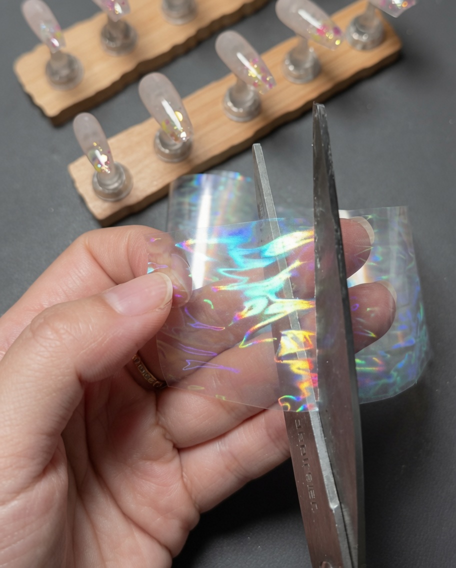 Dłonie używające nożyczek do wycięcia małego kawałka holograficznej folii aurora.