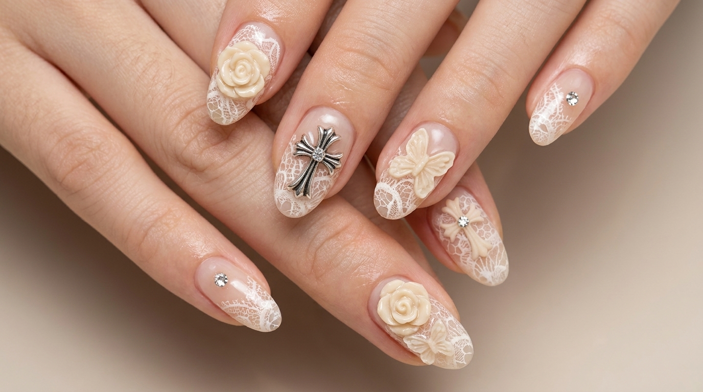 Tutorial na stylizację paznokci: Vintage Chrome Heart i koronkowe wzory