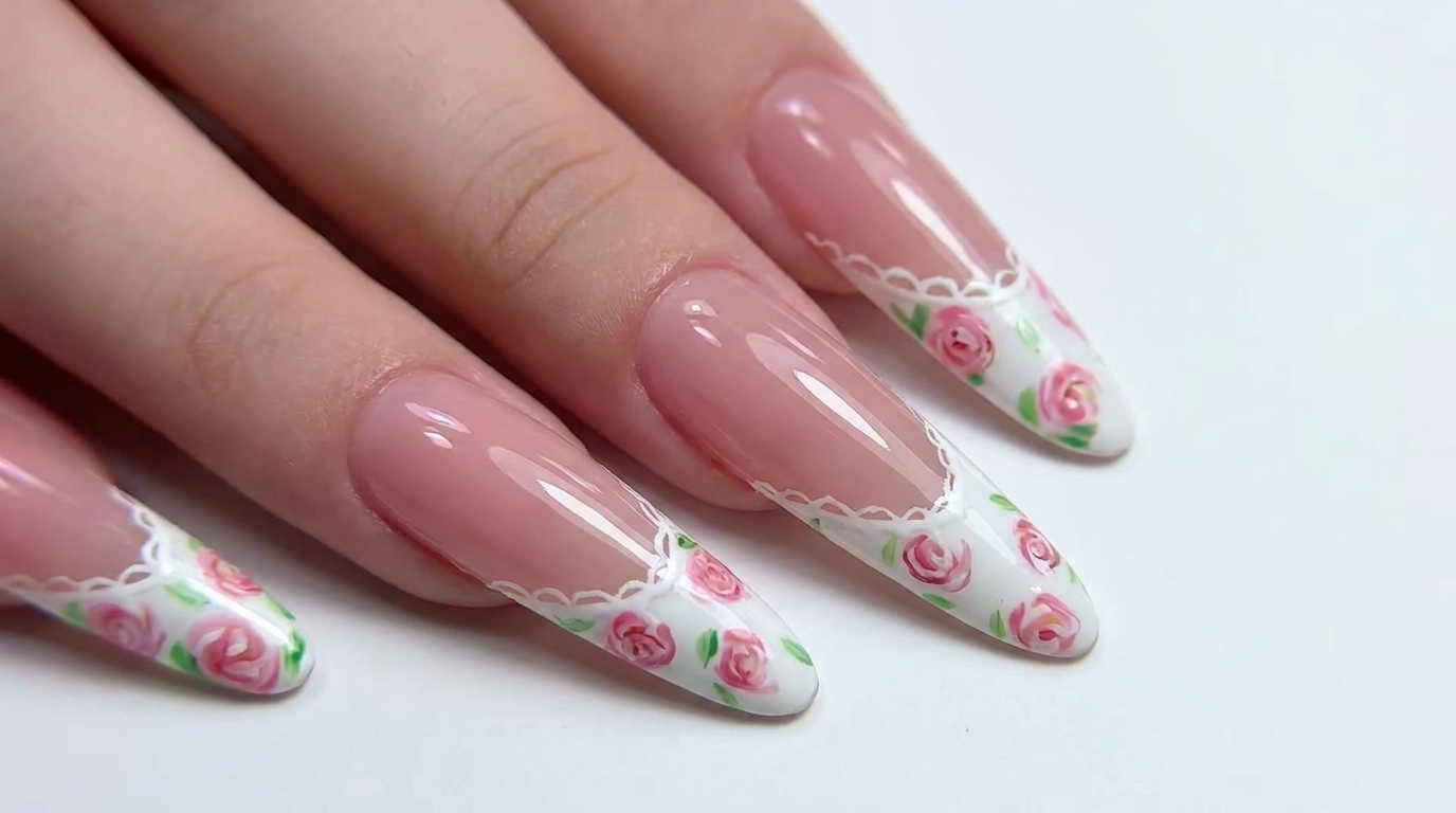 Manicure francuska z koronkową różą — elegancki tutorial krok po kroku