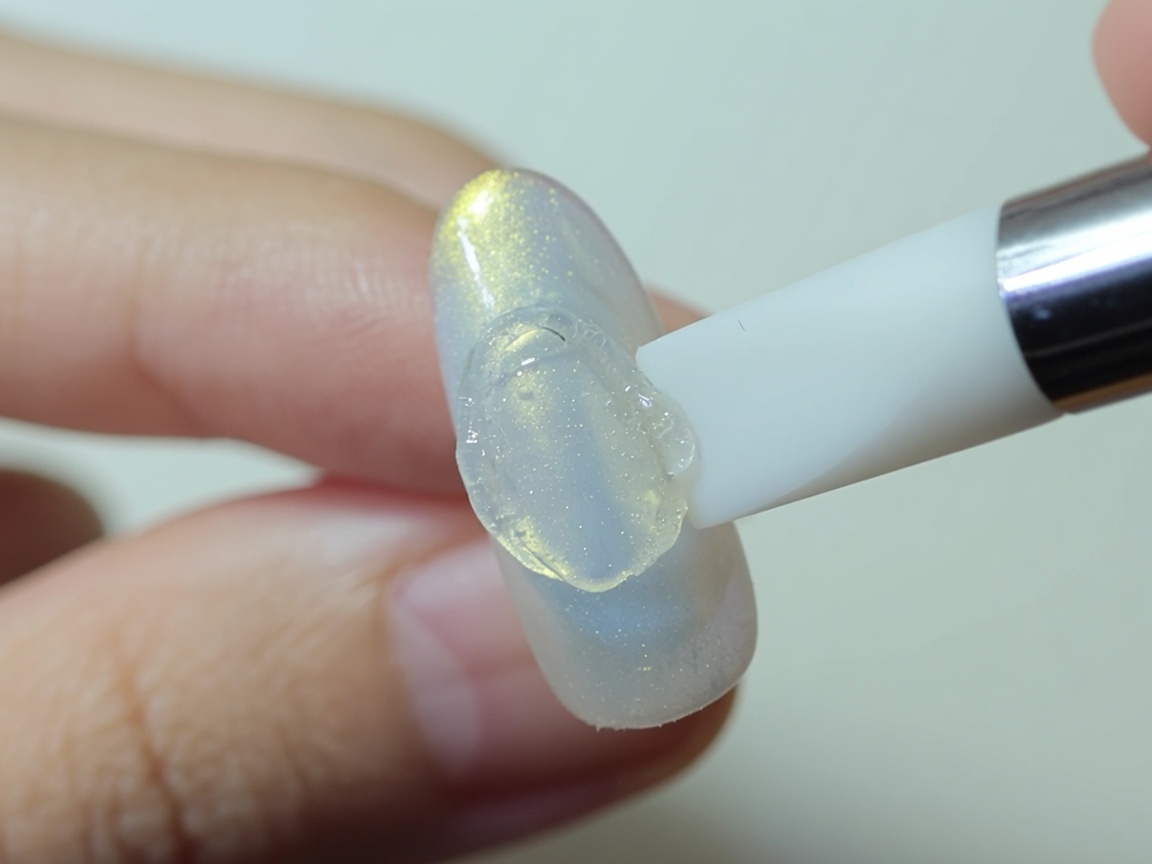 Pędzelek nakłada cienką warstwę białego żelu na plastikową bazę.