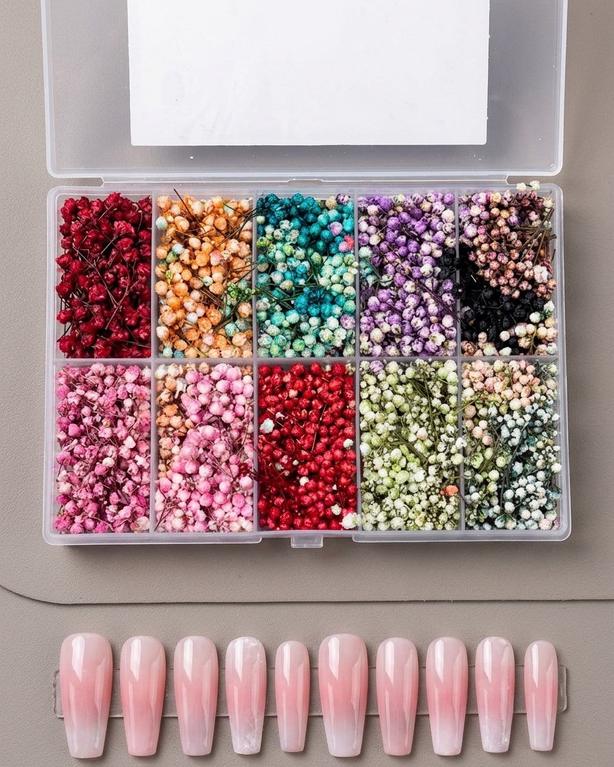 Pęseta ostrożnie umieszczająca malutki suszony kwiatek na powierzchni manicure.