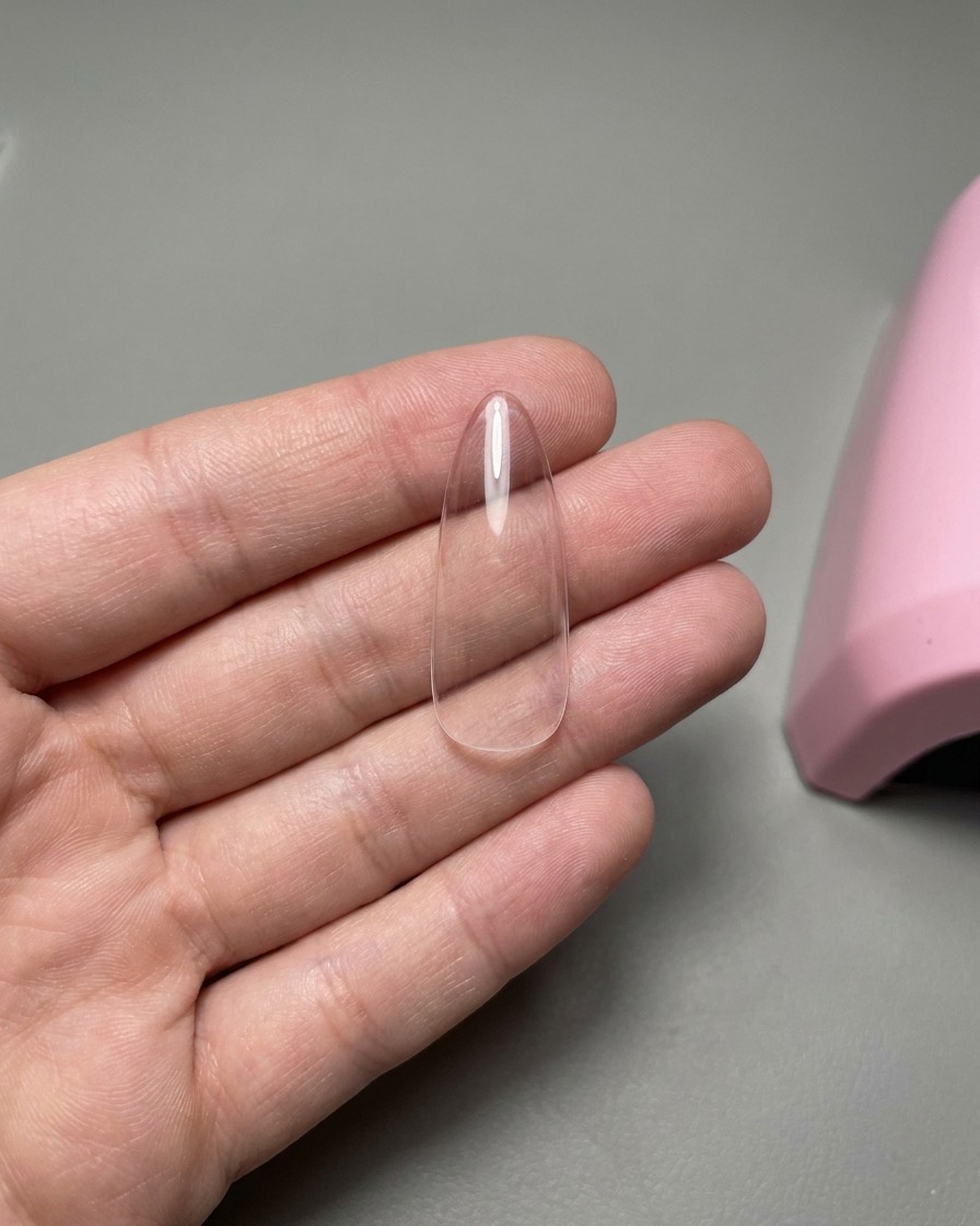 Przezroczysty tips trzymany w dłoni z naklejonym szablonem do french manicure.