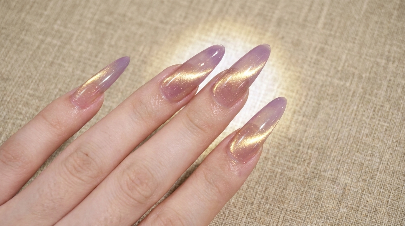 Tutorial na manicure: Fioletowo-złote paznokcie cat-eye z efektem szklanych perełek