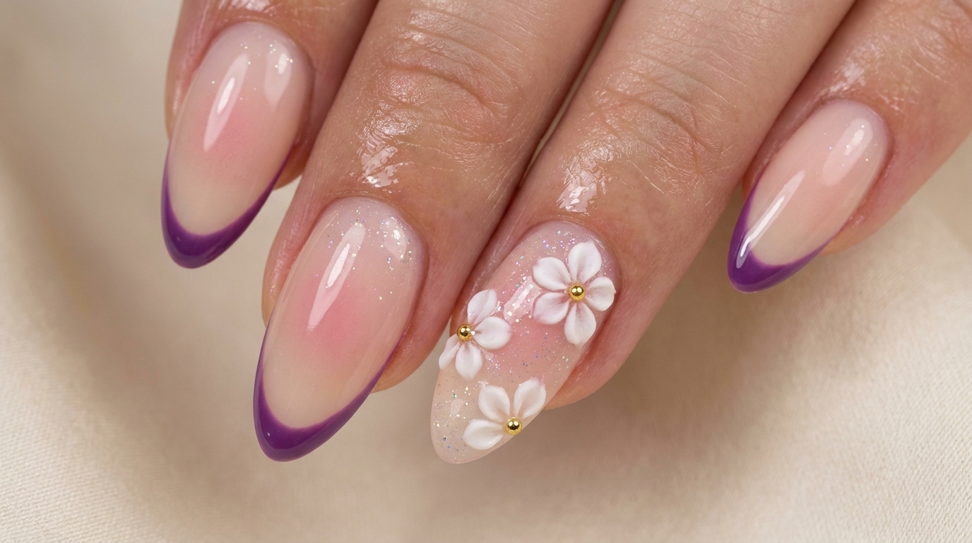 Tutorial na Manicure: Różowe kwiaty wiśni i brokatowy French