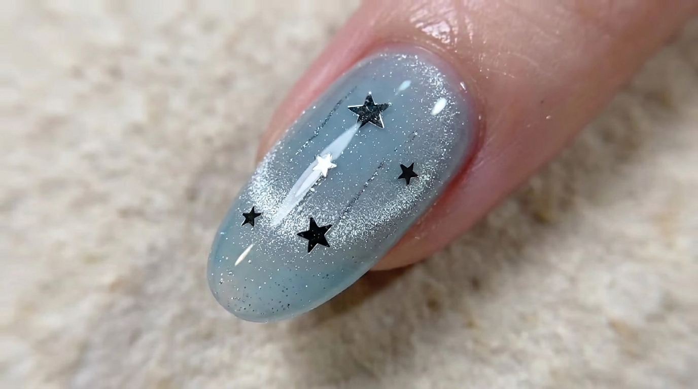 Niebieskie paznokcie Star Cat Eye — Tutorial celestial manicure