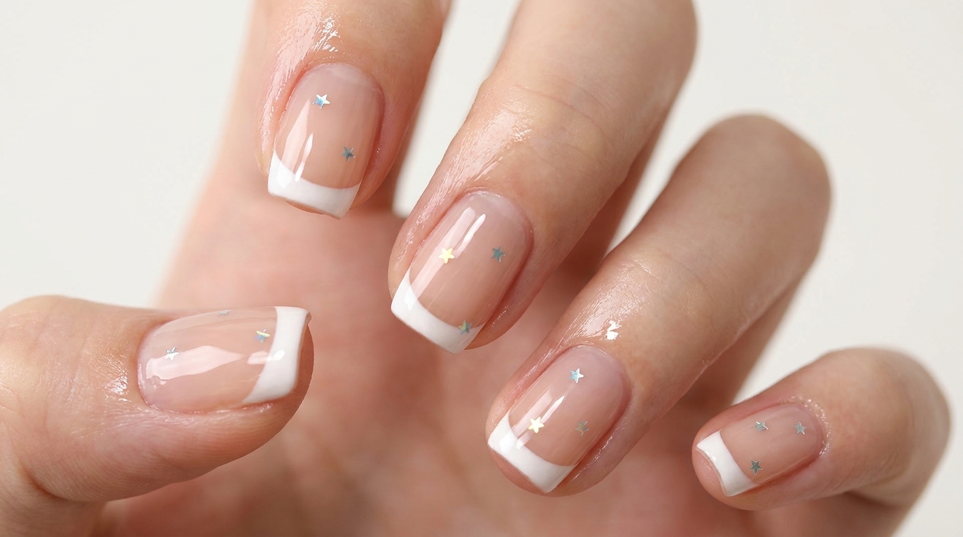 Wyrafinowany french manicure wzbogacony o drobne, holograficzne gwiazdki na naturalnej, nude bazie.