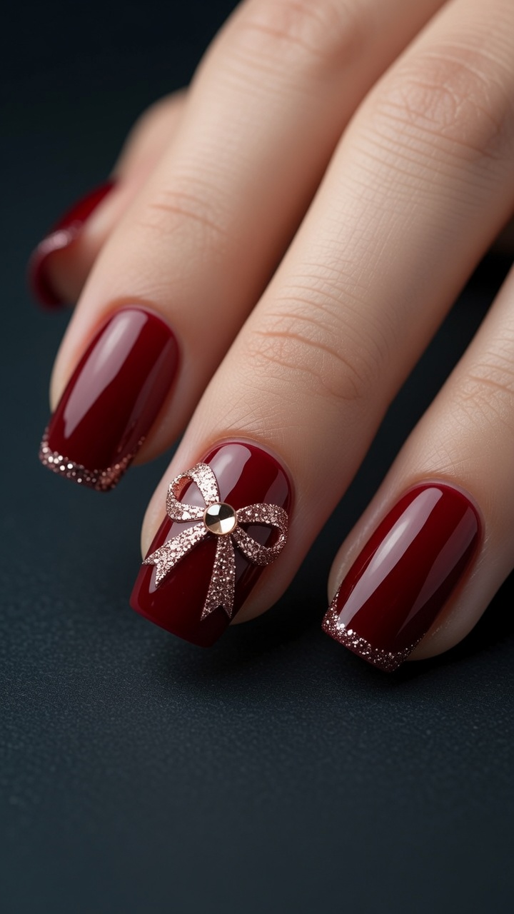 Ciemnoczerwone paznokcie z brokatową kokardką — Elegancki świąteczny manicure