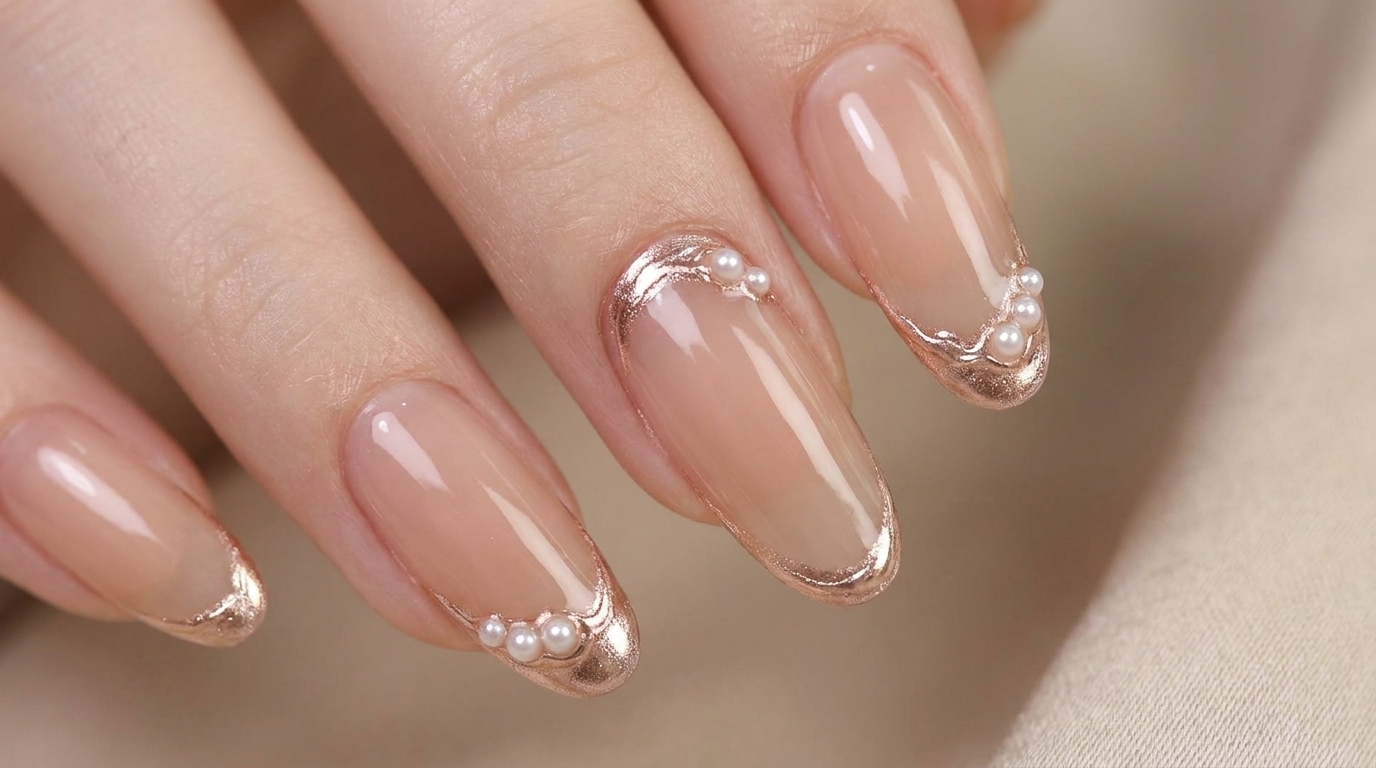 Szampański Róż i Lustrzany Efekt — Elegancki Manicure z Perłami