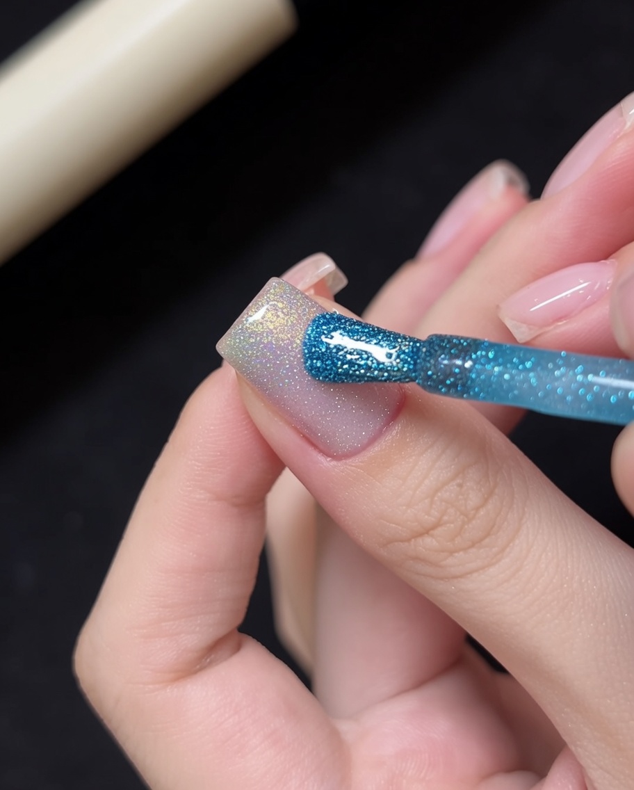 Blending niebieskiego żelu z bazą cat eye przy użyciu cienkiego pędzelka.