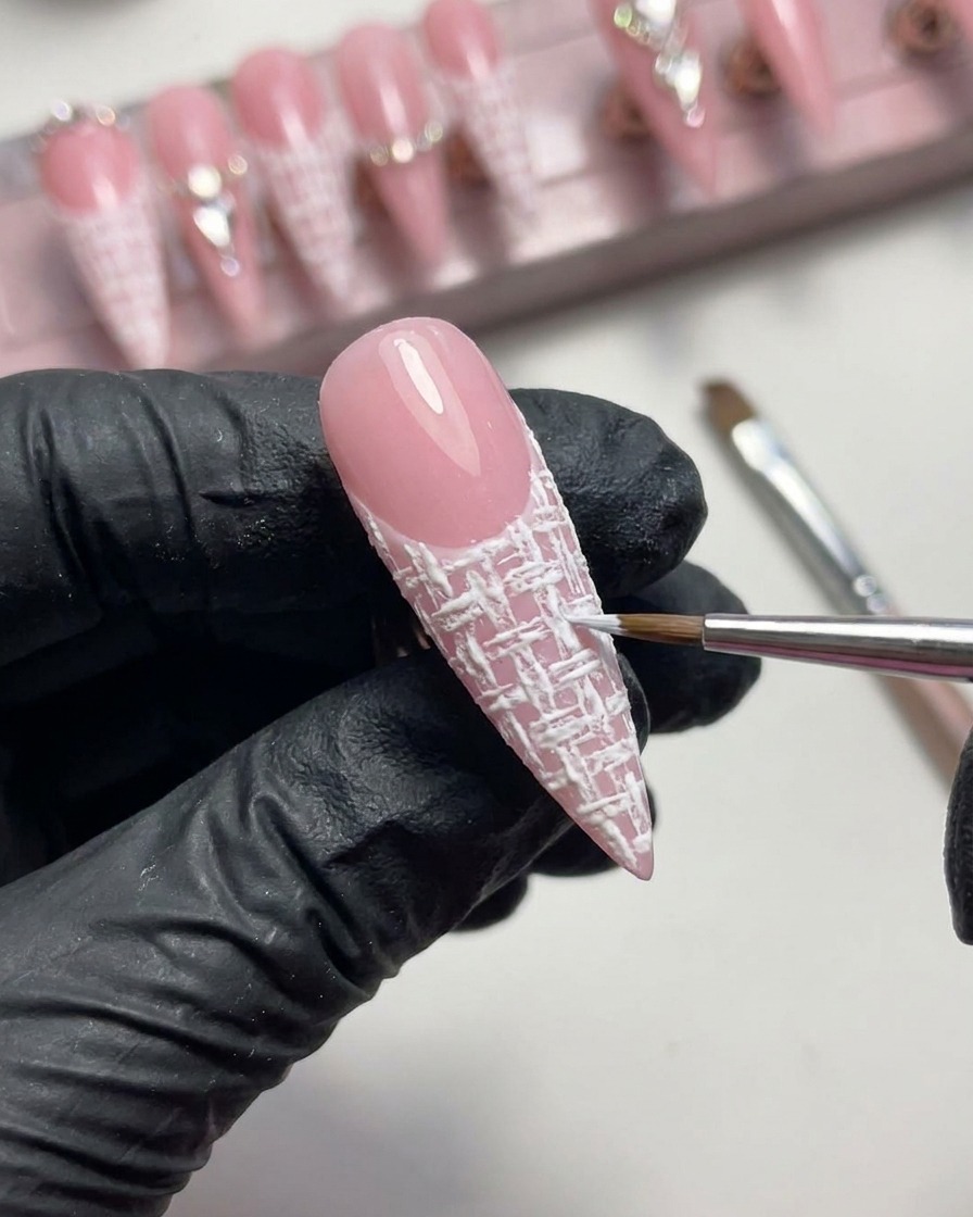 Zbliżenie pędzelka nakładającego wyraźną, wypukłą białą obwódkę z żelu typu plaster wzdłuż linii uśmiechu.