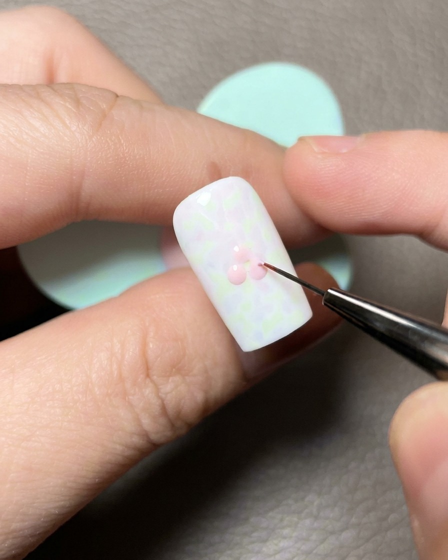 Cienki pędzelek do zdobień łączący różowe kropki żelu na białym paznokciu w kształt serca.