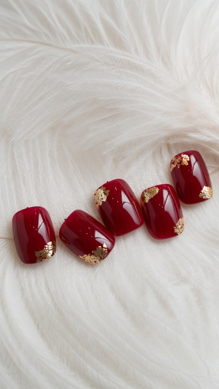 Świąteczny manicure: czerwone paznokcie ze złotą folią – tutorial krok po kroku