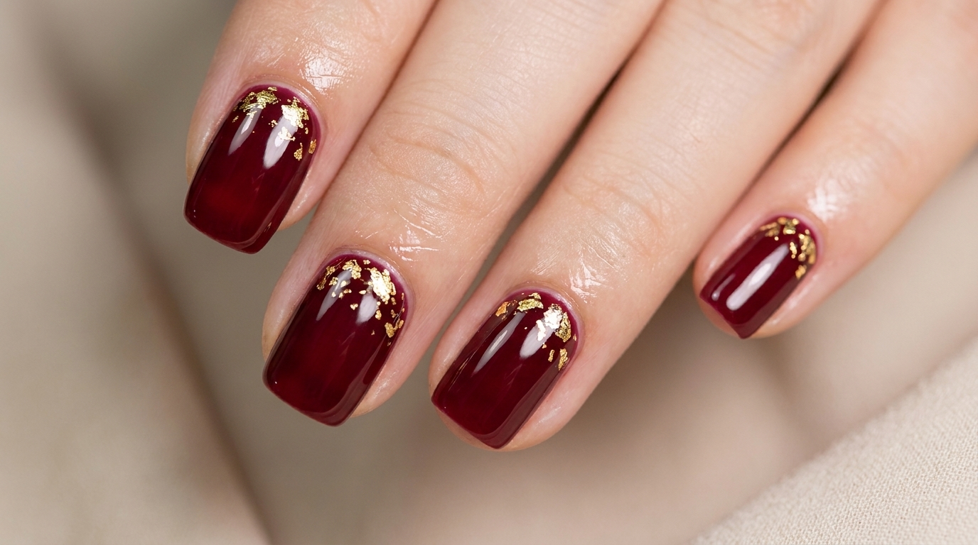 Manicure hybrydowy z głęboką czerwienią i płatkami złota — poradnik krok po kroku