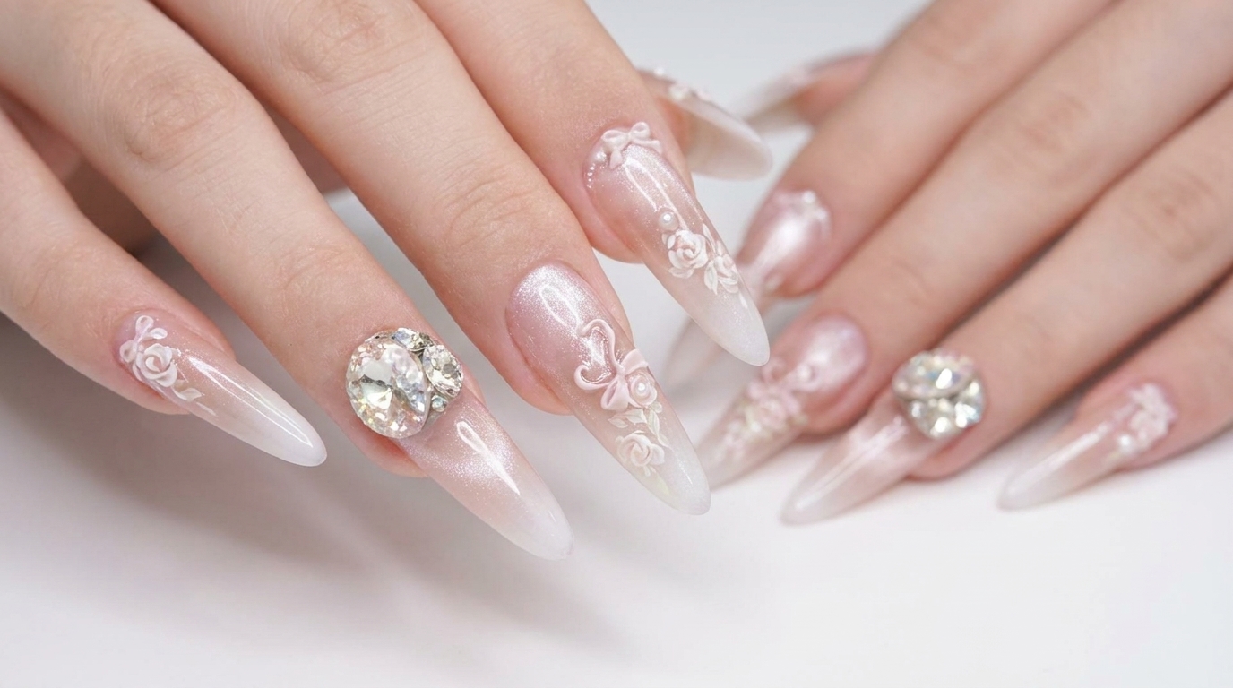 Wiosenne paznokcie Stiletto: Ombre z efektem kociego oka i zdobieniem w róże