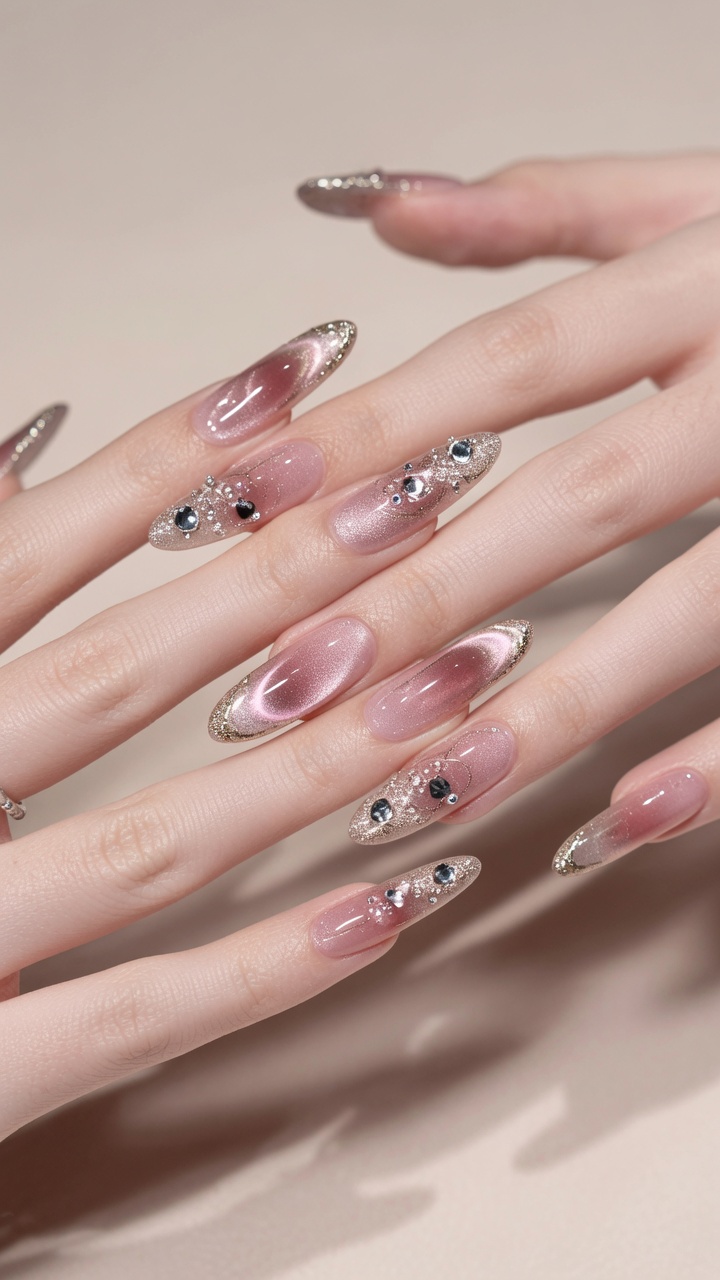 Różowe paznokcie cat-eye ombre ze złotymi akcentami — tutorial krok po kroku