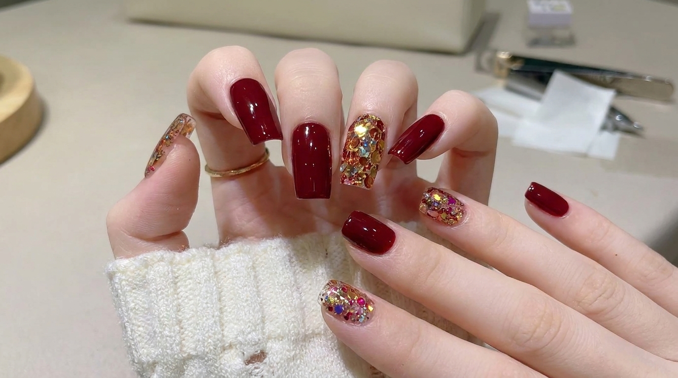 Manicure hybrydowa w kolorze głębokiego wina ze złotym akcentem – instrukcja krok po kroku