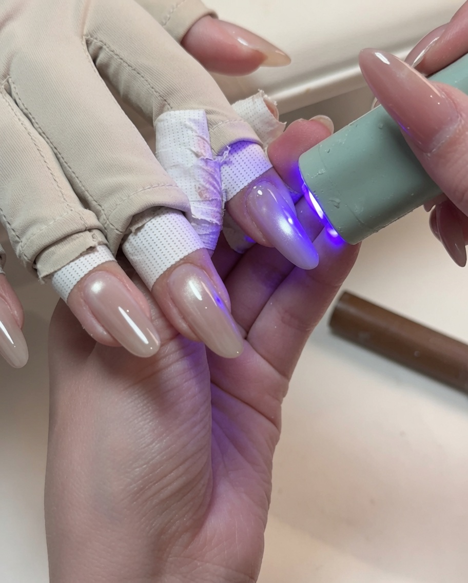 Mała niebieska przenośna lampa UV utwardzająca błyszczący żel cat-eye na pomalowanym palcu.