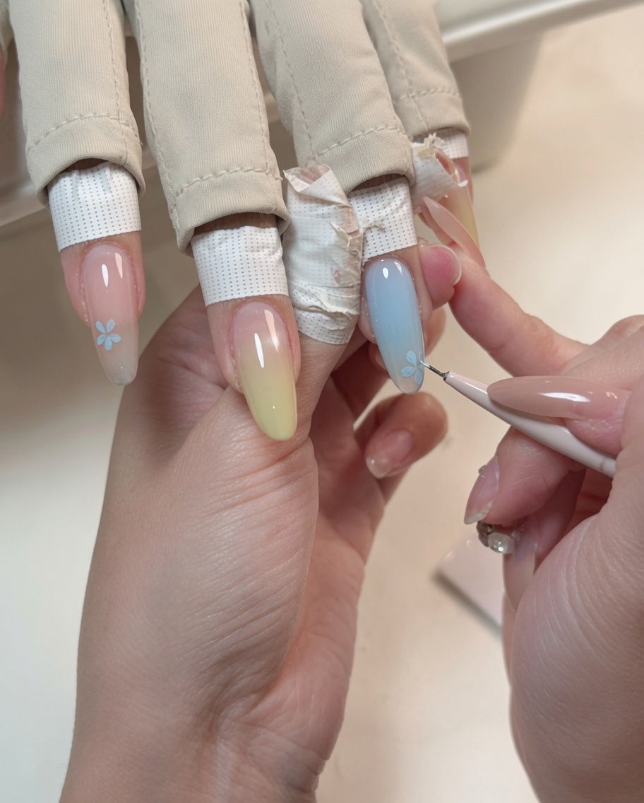 Zbliżenie pędzelka typu liner malującego mały niebieski kwiatek na bazie paznokcia nude.