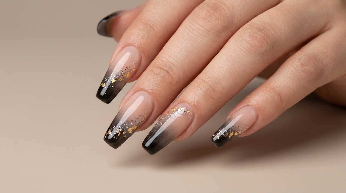 Nahaufnahmefertiger etherealer French-Gradient-Nägel mit transparenter Nude-Basis, Silberglitter, Blattgold-Akzenten und schwarzen French-Farbverläufen mit Hochglanz-Finish.