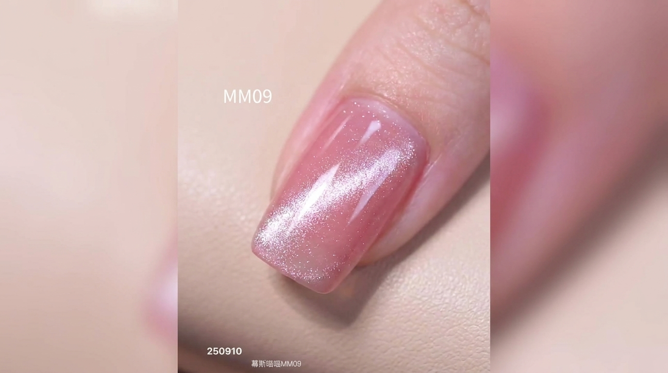 Różowe magnetyczne paznokcie hybrydowe z efektem cat-eye w odcieniu kwiatu wiśni — instrukcja krok po kroku