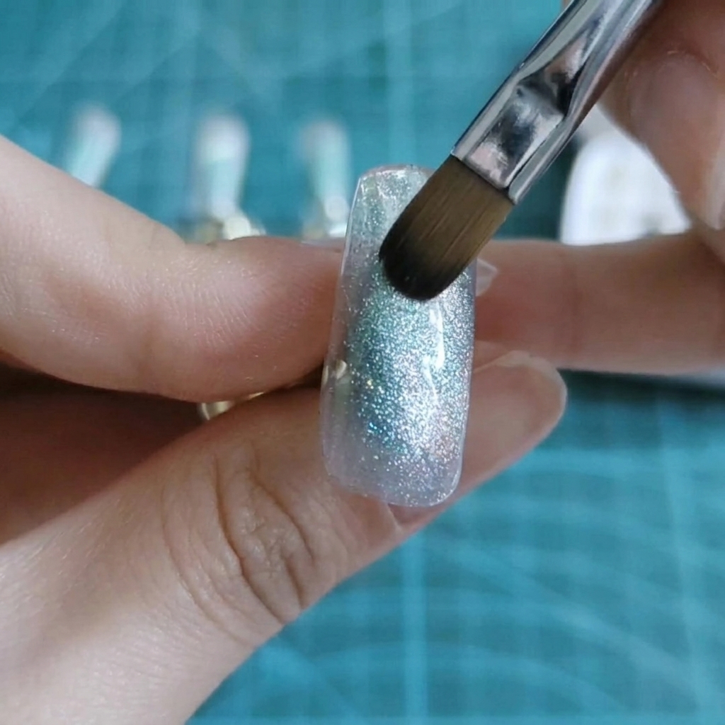 Pędzelek nakładający dodatkowy niebieski i fioletowy pigment na tips.