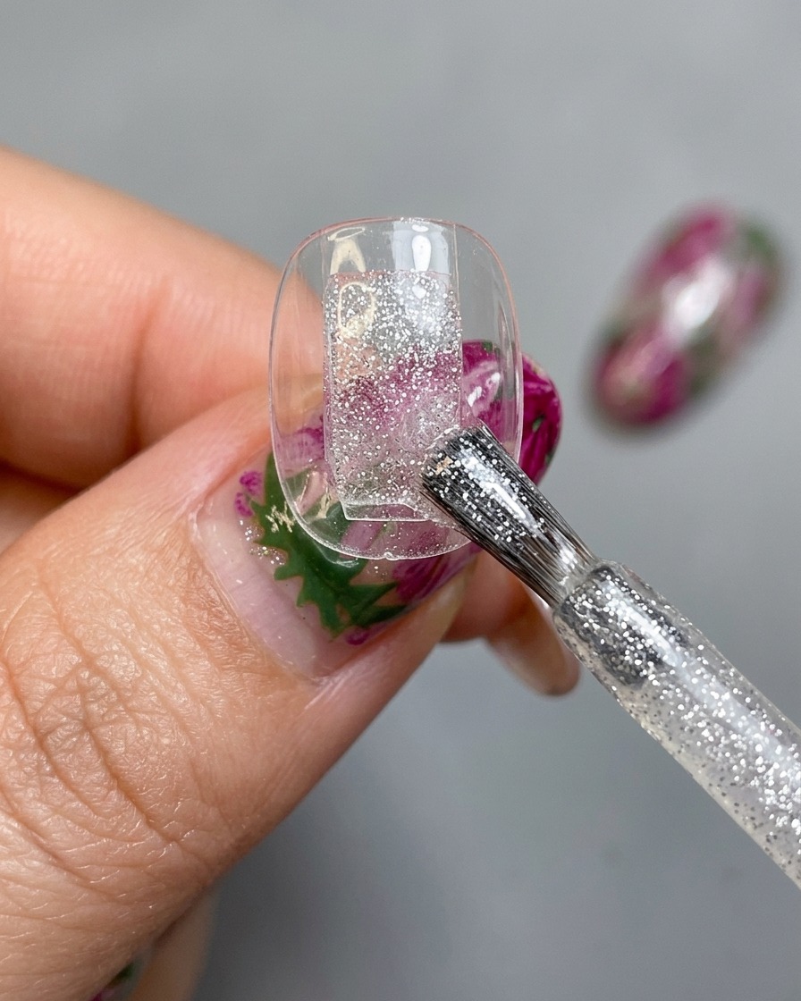 Ein Nagelpinsel trägt eine gleichmässige Schicht eines nicht-grauen Cat-Eye-Gel-Lacks auf einen auf einem Display-Ständer befestigten klaren Nagel-Tip auf.