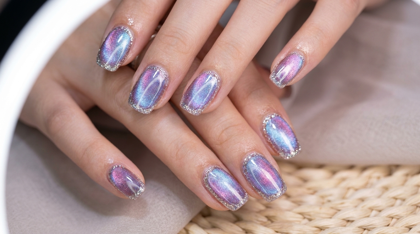 Zbliżenie na błyszczące niebiesko-fioletowe paznokcie w stylu aurora illusion cat eye z lśniącym, magnetycznym środkiem i krawędziami obrysowanymi brokatem flash.