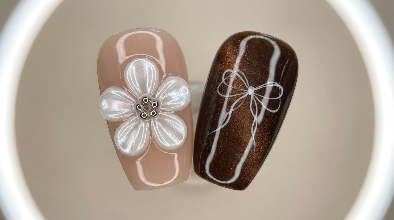 Zjawiskowy manicure z rzeźbionym, perłowym kwiatem 3D na bazie nude i subtelną białą kokardką na tle głębokiego, ciemnobrązowego kociego oka.