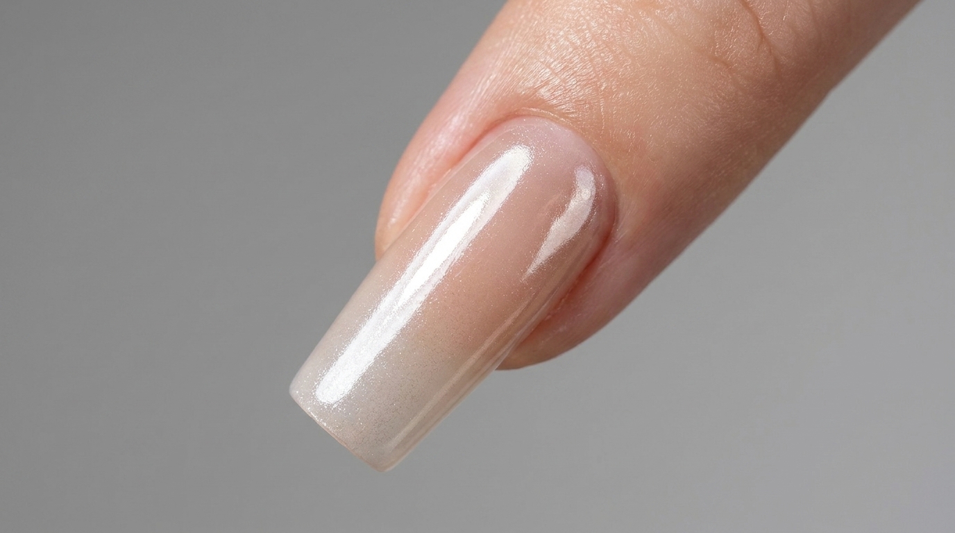 Eine Nahaufnahme, die die fertige Glazed Donut Perlenpuder-Maniküre auf langen quadratischen Nägeln mit einem glänzenden Perlenfinish zeigt.
