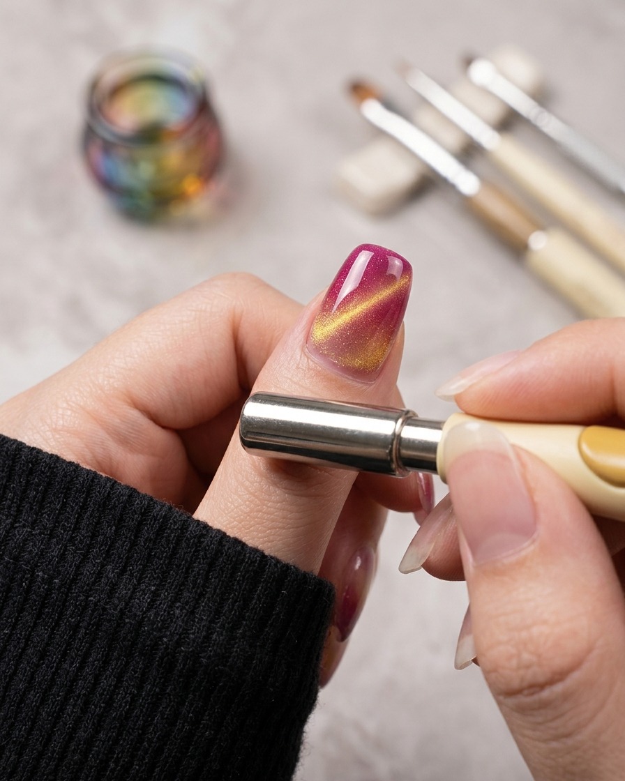 Dłoń trzymająca różdżkę magnetyczną poziomo wzdłuż błyszczącego paznokcia, aby uformować jasny złoty pasek cat eye na różowej bazie.