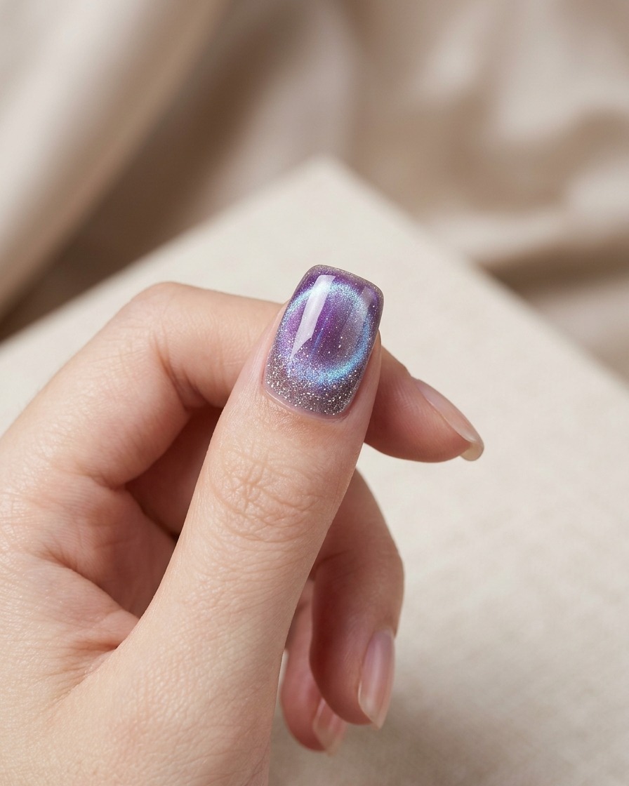 Dłoń umieszczona pod kompaktową lampą UV/LED do paznokci, utwardzająca fioletowy wzór cat-eye.