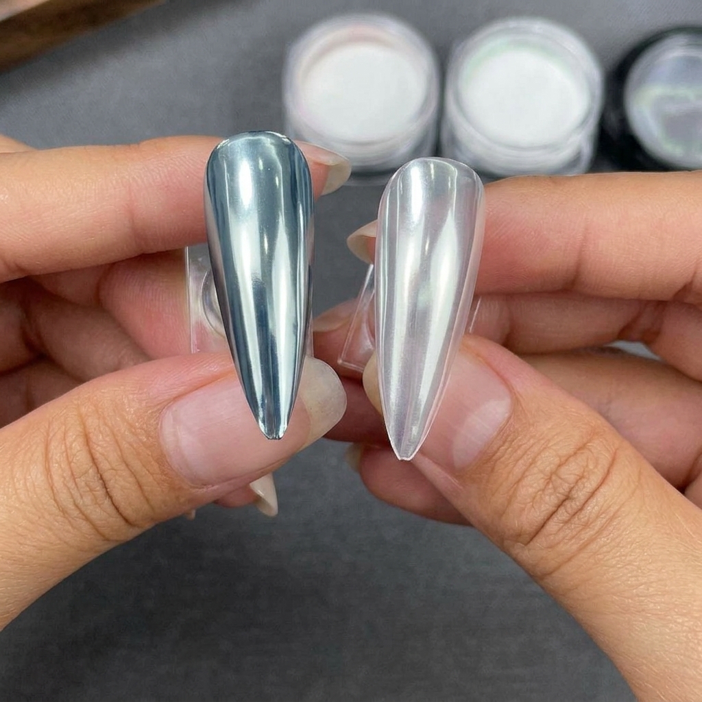Dwa paznokcie stiletto trzymane obok siebie, jeden z czarną bazą, a drugi jasny, oba wykończone wysoce refleksyjnym srebrnym pyłkiem crystal plating.
