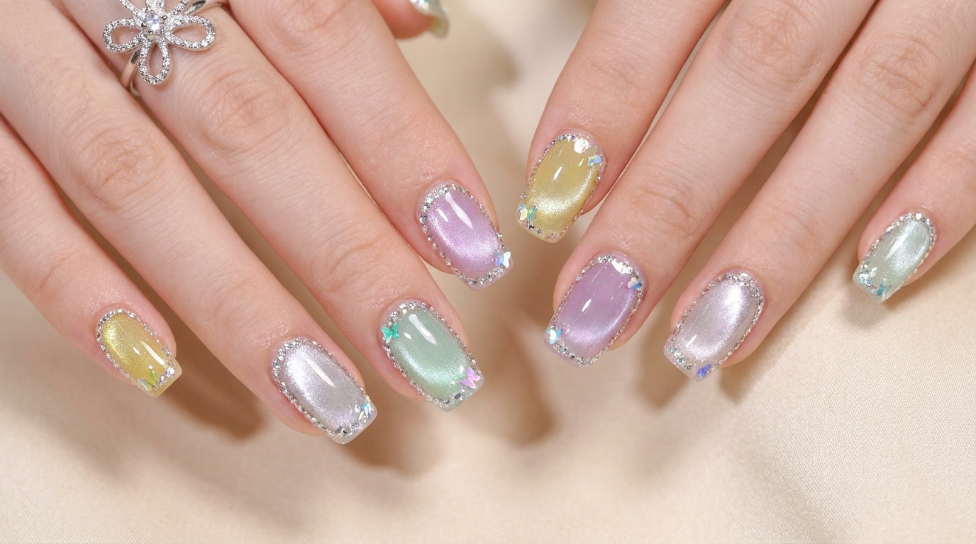 Kolorowe letnie paznokcie Cat Eye z diamentową obwódką — poradnik krok po kroku