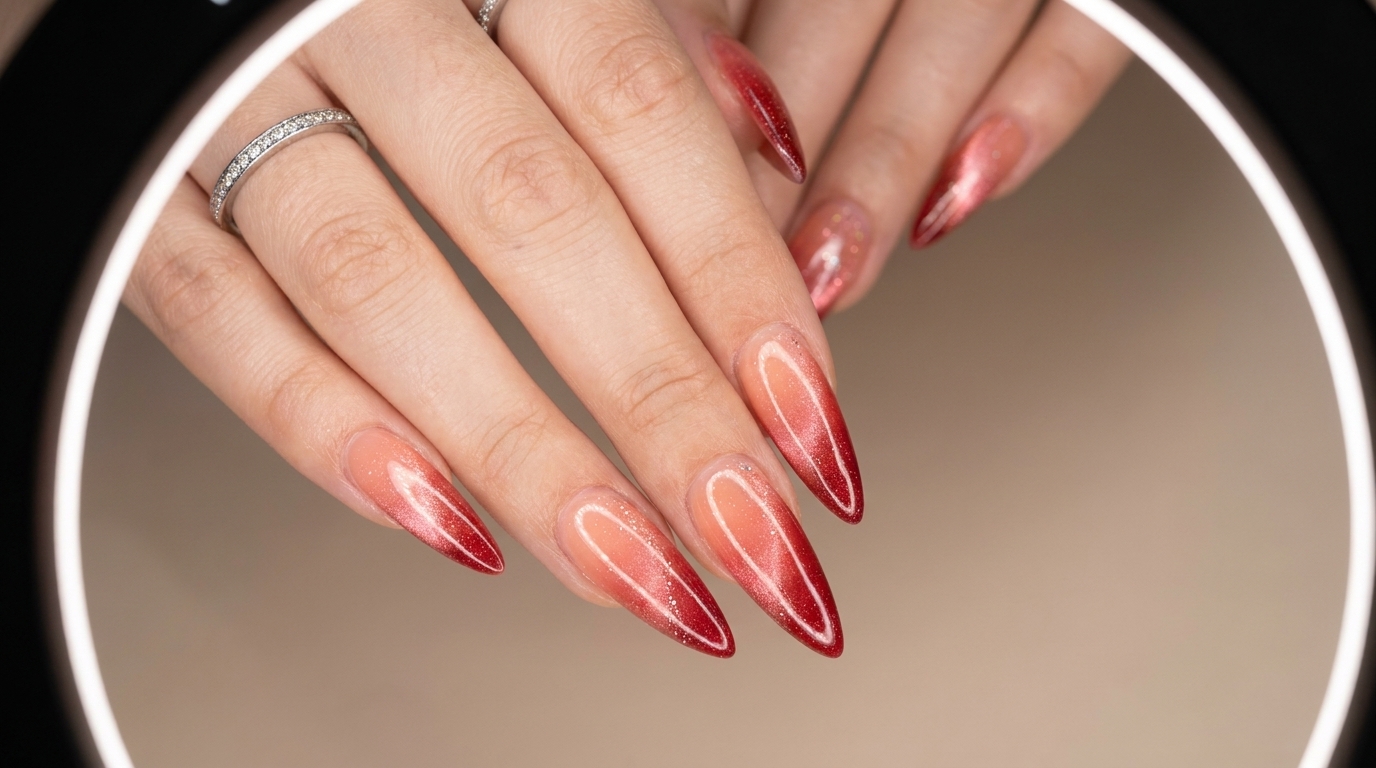 Zbliżenie na błyszczące, długie paznokcie stiletto prezentujące gradientowe przejście od brzoskwini do głębokiej czerwieni z subtelnym połyskiem cat-eye oraz delikatnymi akcesoriami na pierścionku.