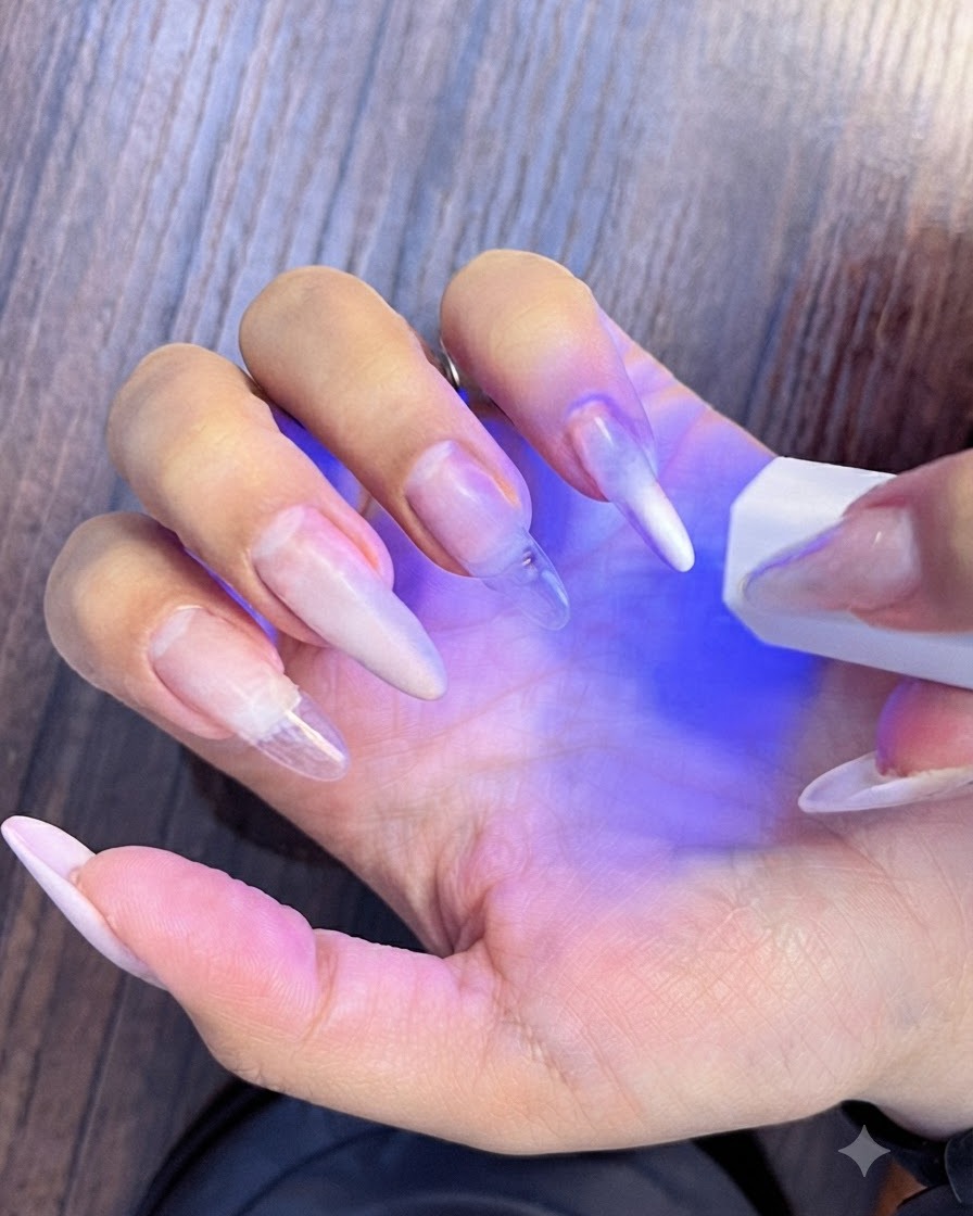 Paznokcie utwardzane pod mini lampą UV LED w celu zabezpieczenia aplikacji żelu.