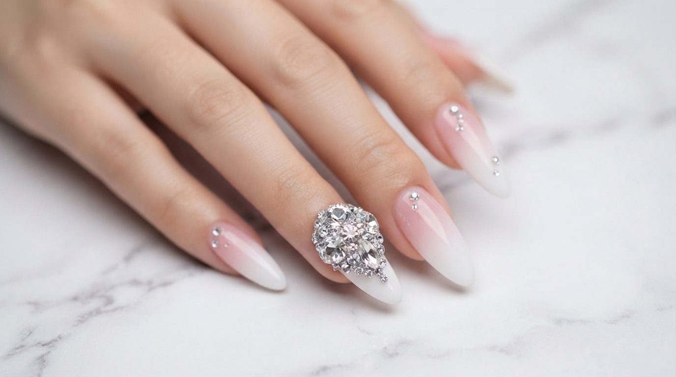 Luksusowe biało-różowe paznokcie stiletto z ombre i diamentowymi cyrkoniami
