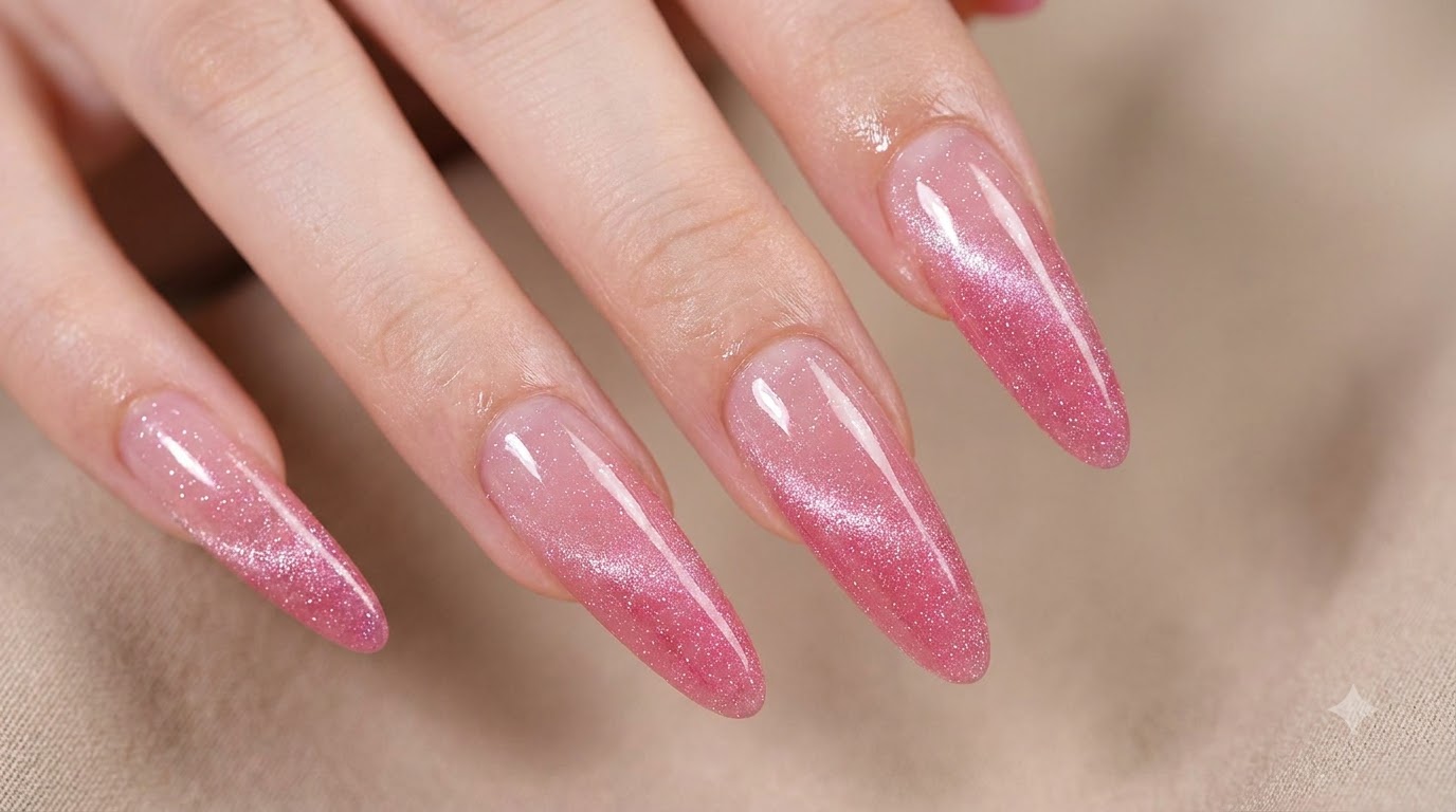 Różowe paznokcie cat-eye z efektem ombre — letni krok po kroku