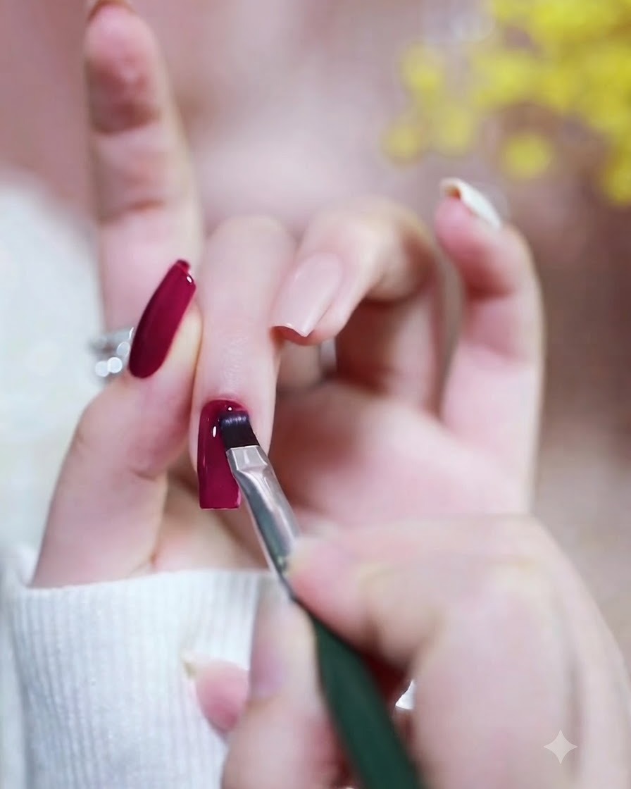 Ein Nagelpinsel verteilt lebendigen Magenta-Gel-Lack gleichmäßig auf der Nageloberfläche.