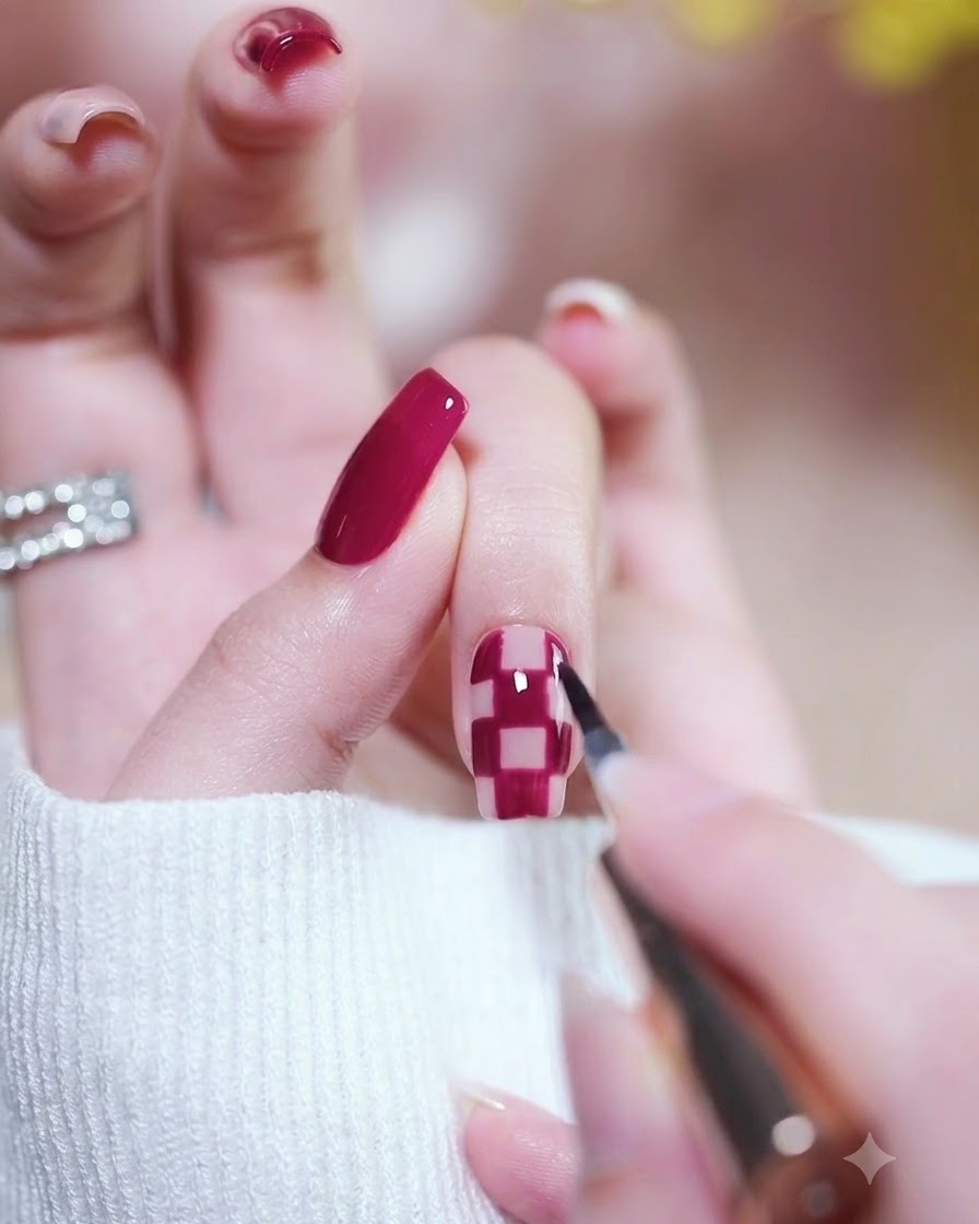 Ein Pinsel trägt einen klaren, glänzenden Überzug über ein fertiges Magenta- und Schachbrett-Nageldesign auf.