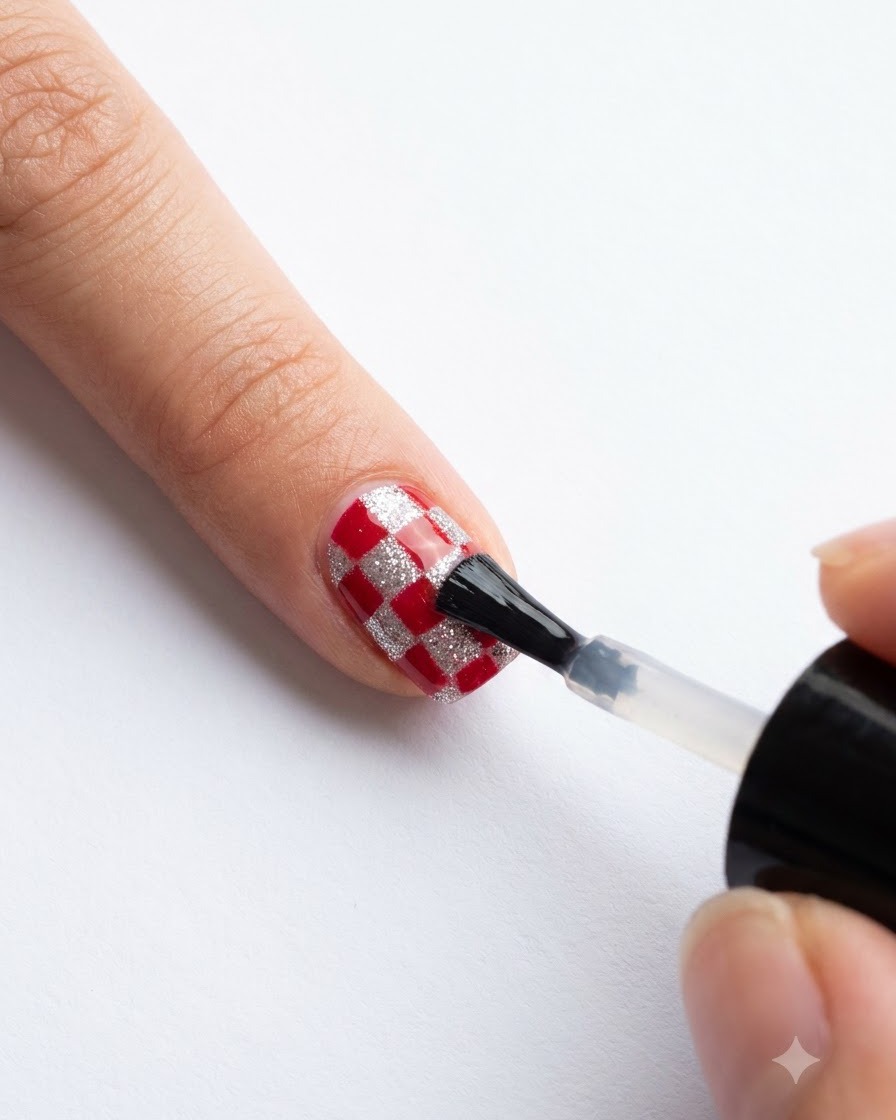 Pędzelek do paznokci rozprowadzający przezroczysty, błyszczący top coat na gotowym czerwono-srebrnym wzór w kratkę.