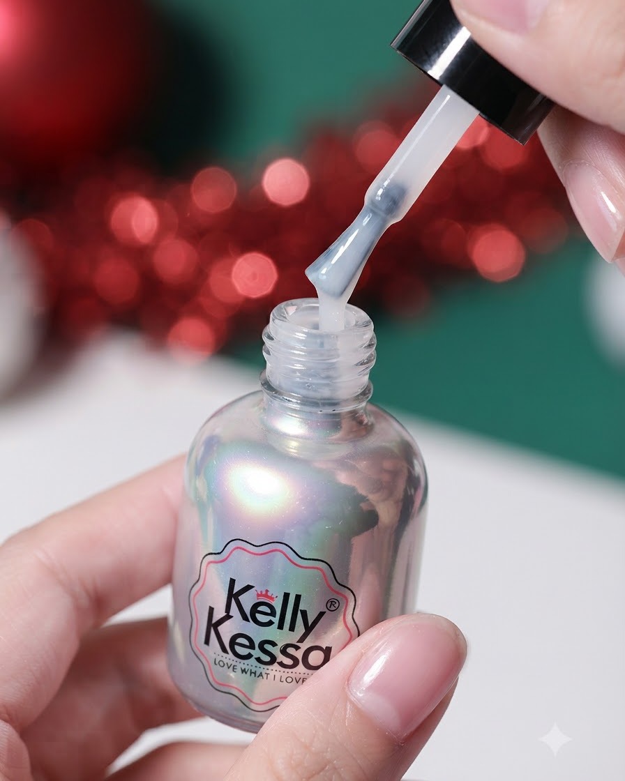 Dłoń trzymająca buteleczkę lakieru holograficznego Kelly Kessa z podniesionym pędzelkiem, z którego ścieka żel.