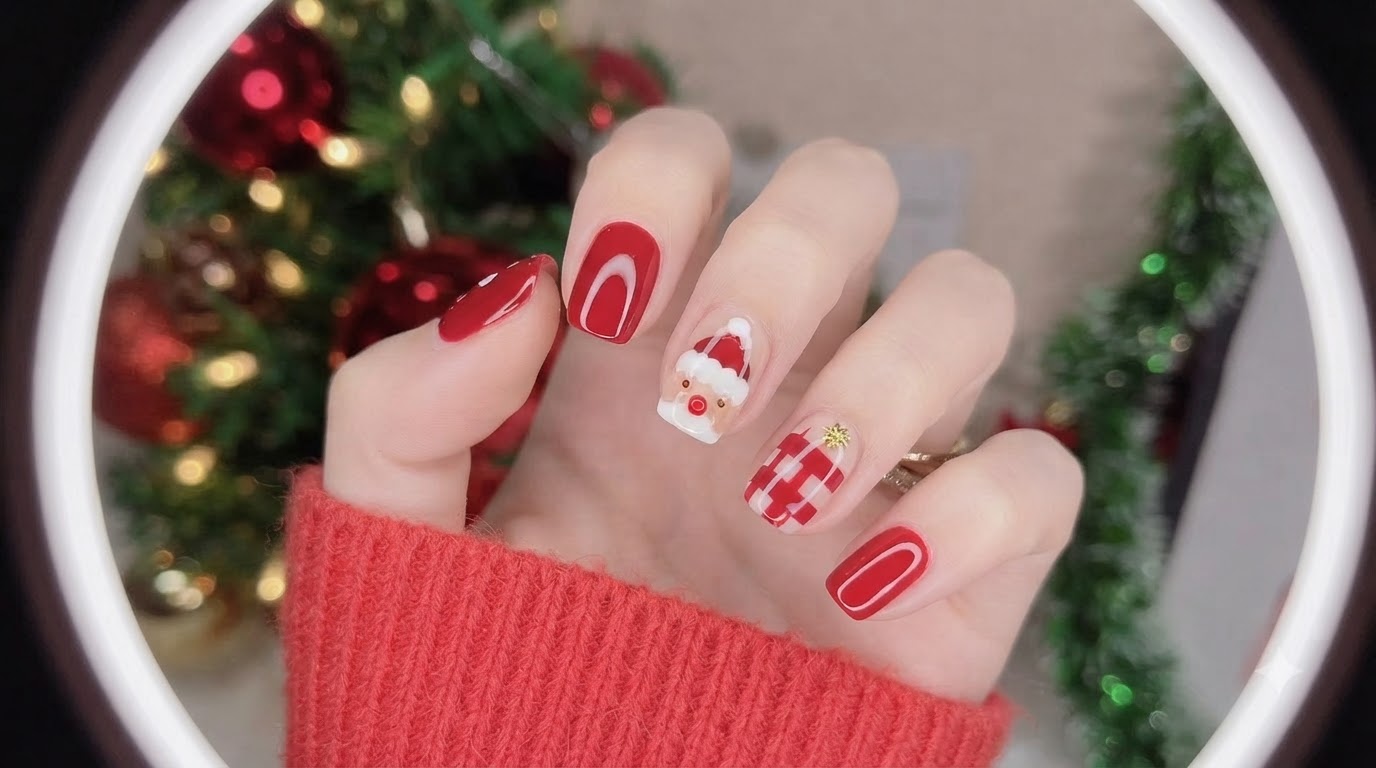 Świąteczny manicure: Mikołaj i wzór w kratkę krok po kroku