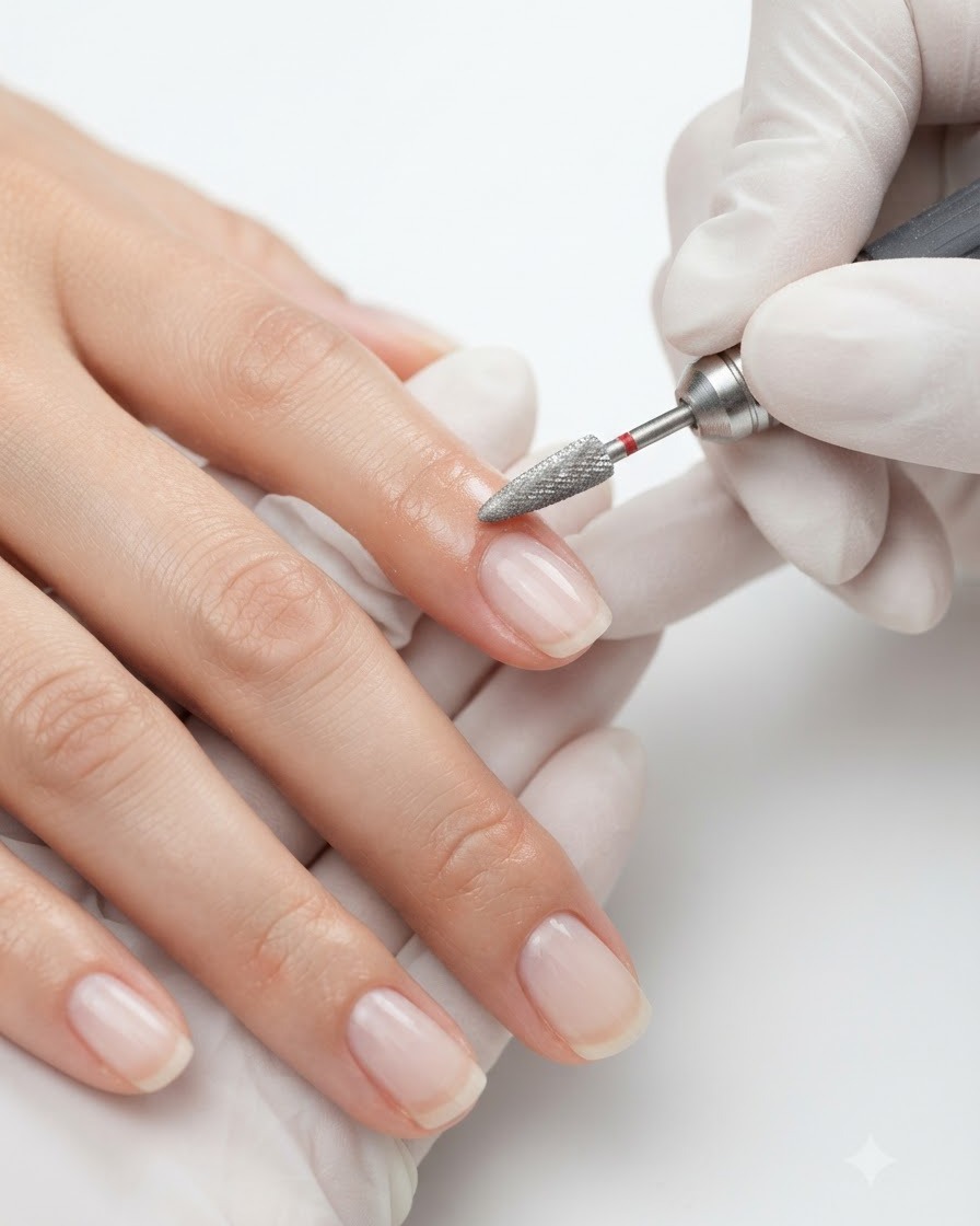 Zbliżenie na drobnoziarnisty frez delikatnie wygładzający powierzchnię manicurowanego paznokcia.