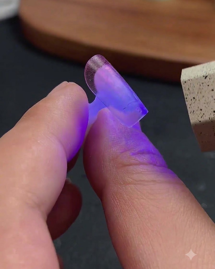 Eine Mini-UV/LED-Taschenlampe, die violettes Licht auf eine klare Nagelverlängerungsspitze strahlt.