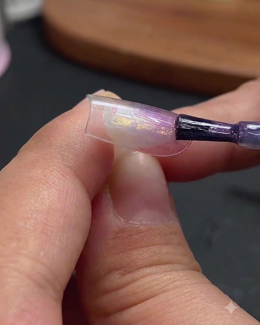 Ein Nagelpinsel trägt farbloses Blaulicht-Cat-Eye-Gel auf den mittleren Bereich der verzierten Nagelverlängerungsspitze auf.