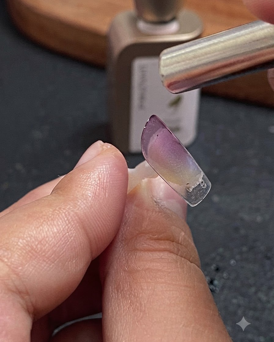 Ein Magnetwerkzeug wird über einer Nagelverlängerungsspitze gehalten, um die Cat-Eye-Partikel zu einem zentralen Streifen zu bündeln.