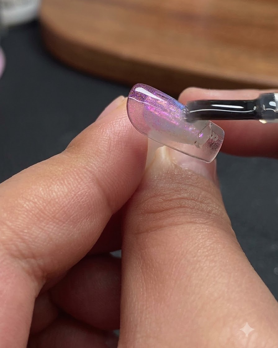 Ein Nagelpinsel trägt einen klaren Topcoat über das detaillierte Aurora- und Cat-Eye-Nageldesign auf.