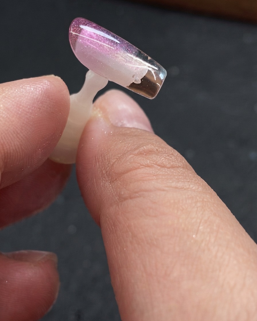 Eine Nahaufnahme einer klaren Nagelspitze, die auf der Rückseite mit Topcoat beschichtet wird.