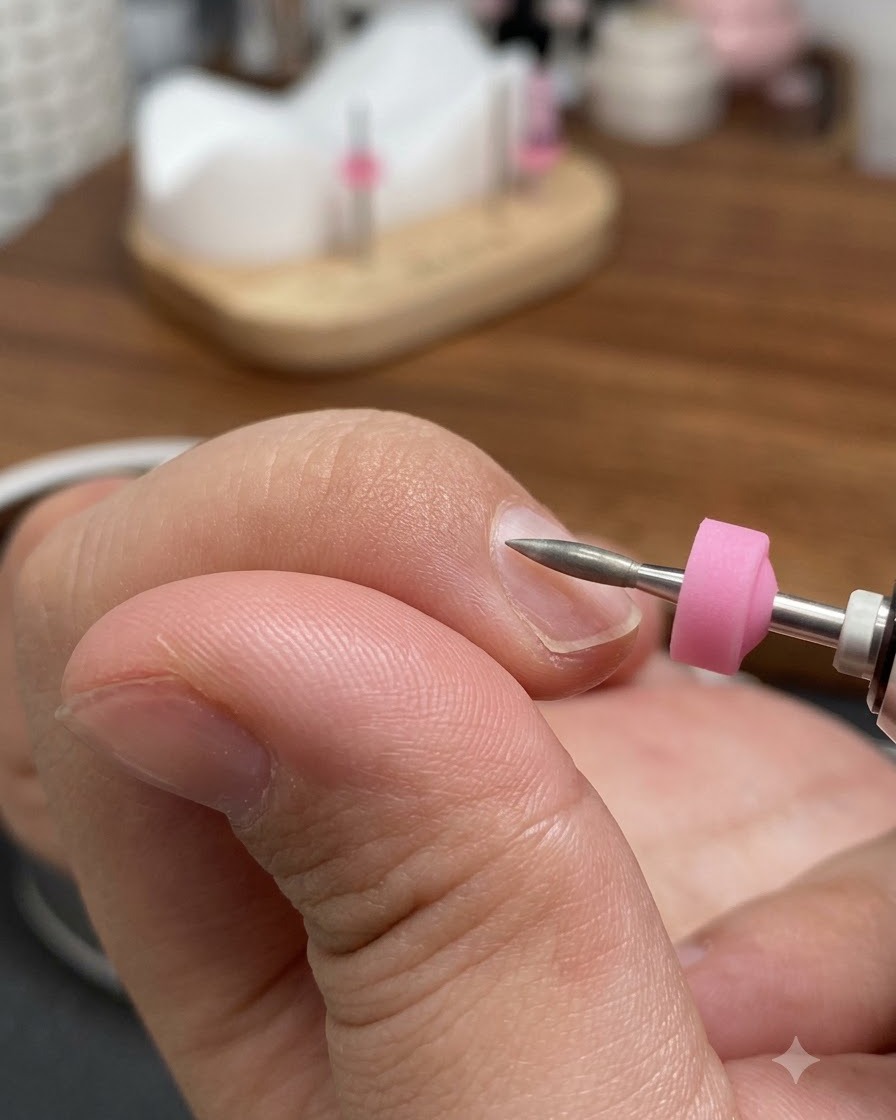 Eine elektrische Nagelfeile mit konischem Aufsatz arbeitet nah am Nagelhautbereich eines natürlichen Fingers.