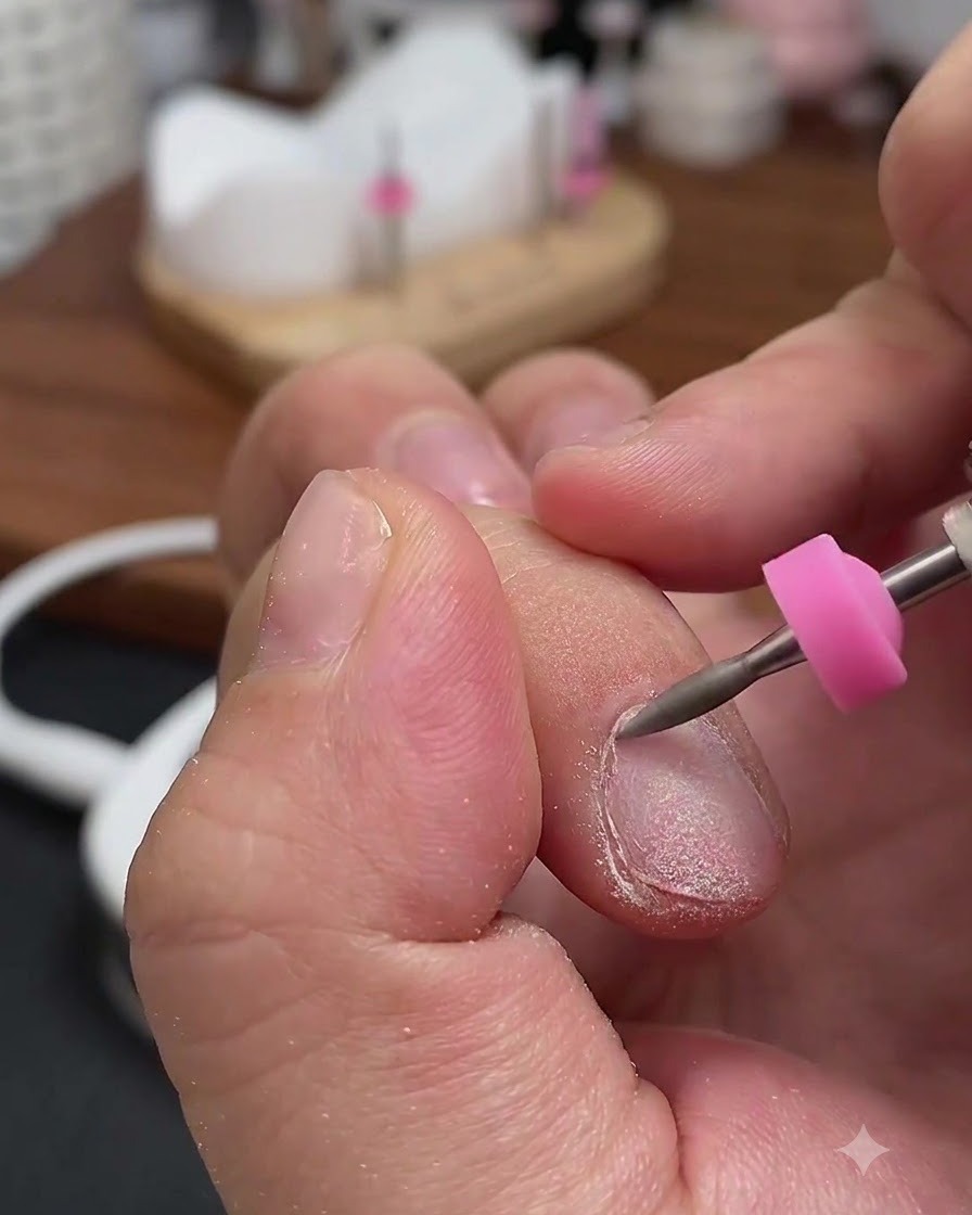 Eine elektrische Feile mit Konusaufsatz positioniert sich entlang der rechten Seite der Nagelhauttasche an einem Finger.